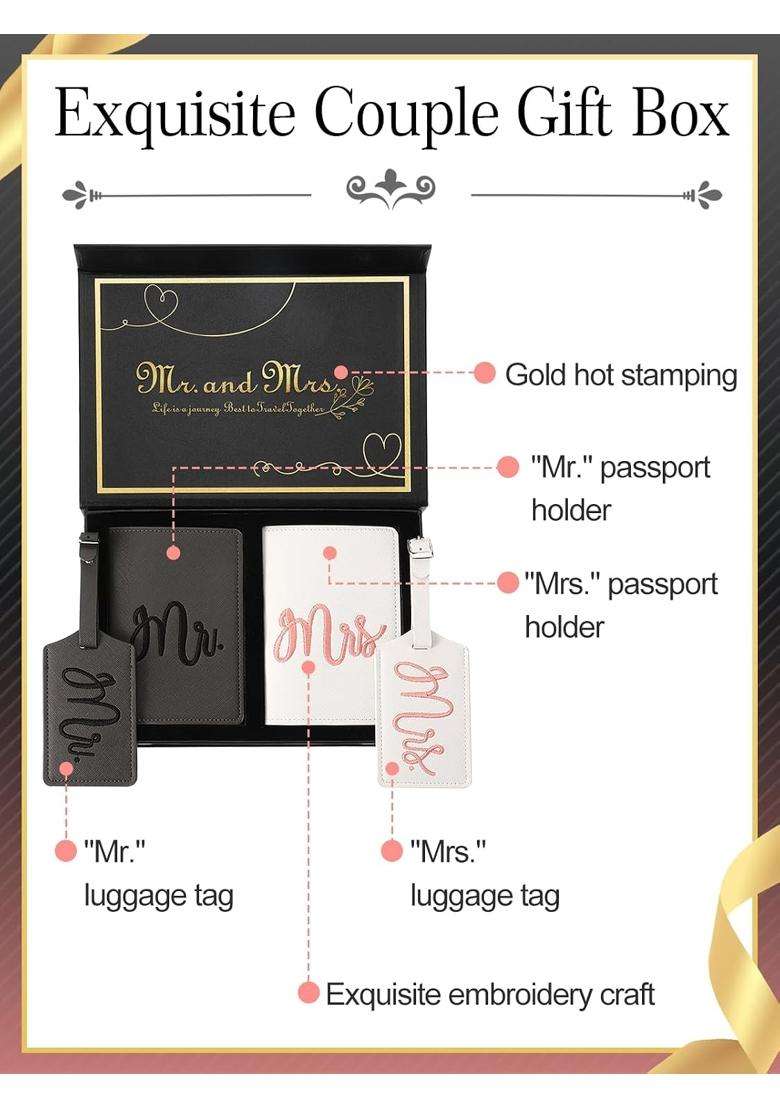 Cosweet Multicolour Mr and Mrs Luggage Tags Passport Holder for Wedding Bridal Shower Gifts - Indya