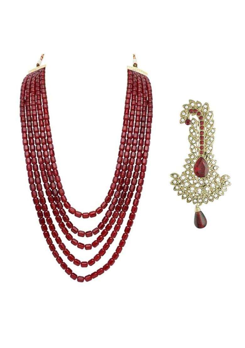 I Jewels Gold Plated Multistrand Pearl Necklace with Safa Kalangi Brooch for Groom - Indya