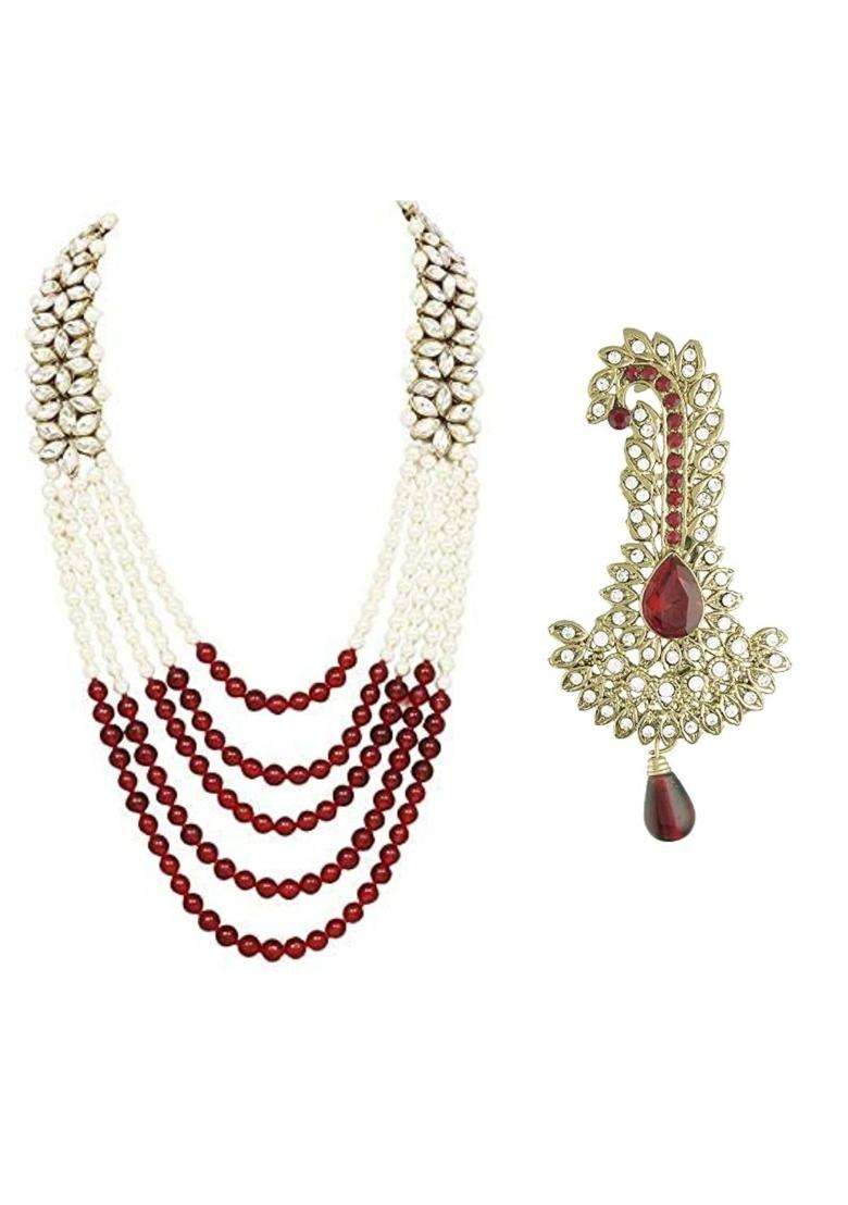 I Jewels Gold Plated Multistrand Pearl Necklace with Safa Kalangi Brooch for Groom - Indya