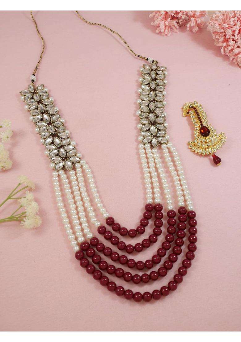 I Jewels Gold Plated Multistrand Pearl Necklace with Safa Kalangi Brooch for Groom - Indya