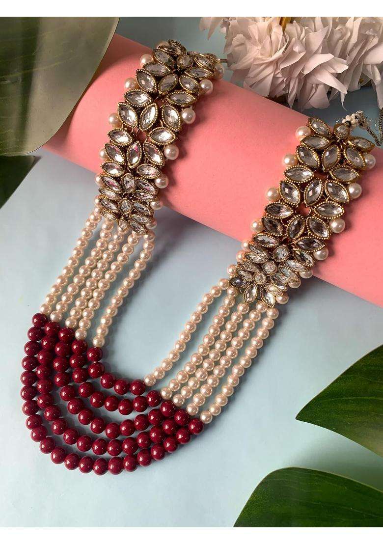 I Jewels Gold Plated Multistrand Pearl Necklace with Safa Kalangi Brooch for Groom - Indya