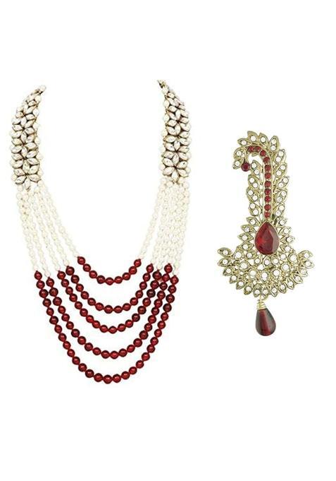I Jewels Gold Plated Multistrand Pearl Necklace with Safa Kalangi Brooch for Groom