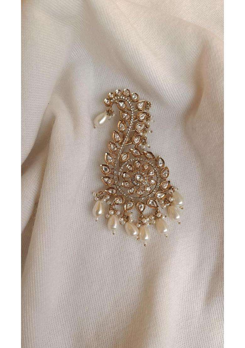 Brass Foil Kundan Kalgi Traditional Indian Turban Ornament with Red Beads and Pearl Accents - Indya