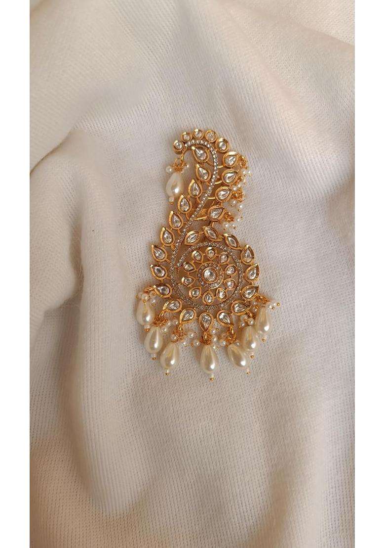 Brass Foil Kundan Kalgi Traditional Indian Turban Ornament with Red Beads and Pearl Accents - Indya