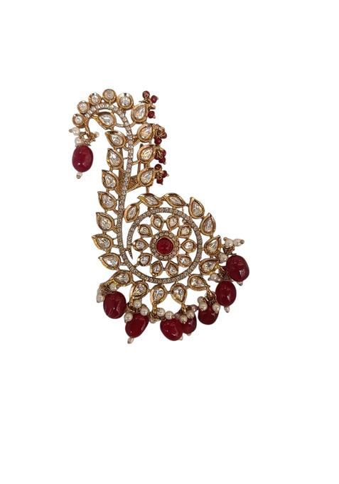 Brass Foil Kundan Kalgi Traditional Indian Turban Ornament with Red Beads and Pearl Accents