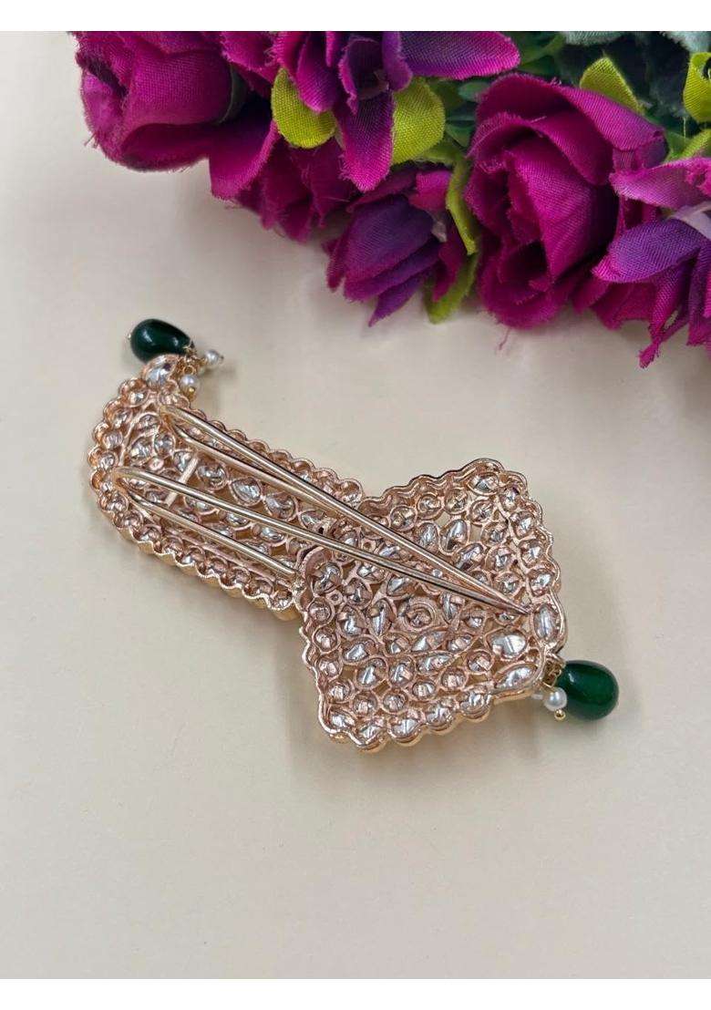 Rose Gold Finish Traditional Polki Kundan Wedding Kalgi Brooch - Indya