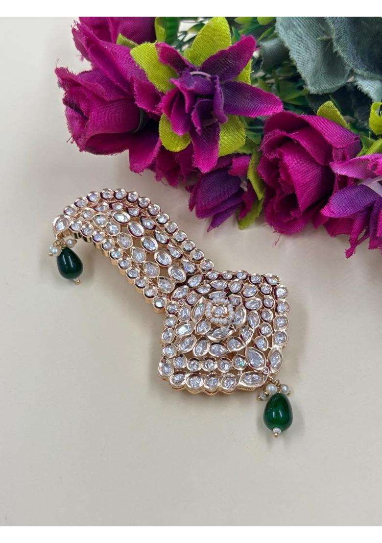 Rose Gold Finish Traditional Polki Kundan Wedding Kalgi Brooch - Indya