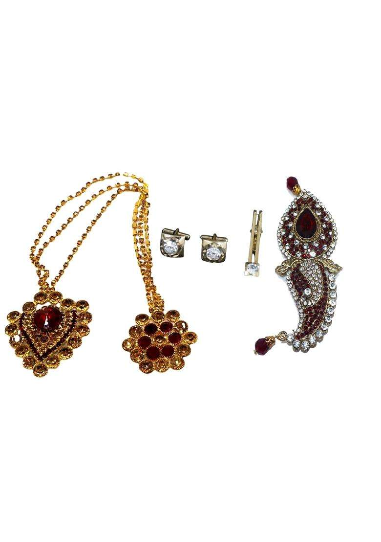 Anagha Premium Quality Golden Safa Kalgi Brooch Cuff Links and Tie Pin for Groom Ideal for Groom - Indya