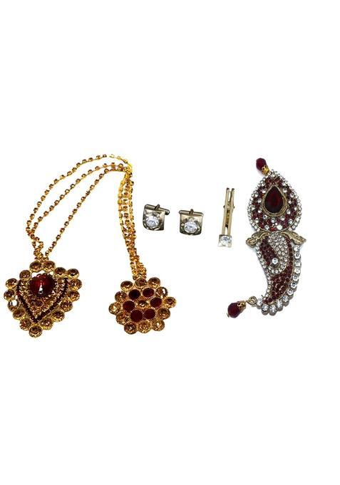 Anagha Premium Quality Golden Safa Kalgi Brooch Cuff Links and Tie Pin for Groom Ideal for Groom