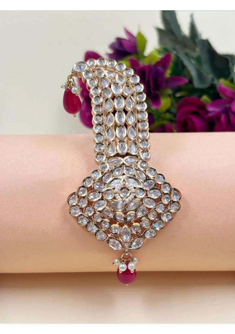 Rose Gold Finish Traditional Polki Kundan Wedding Kalgi Brooch - Indya