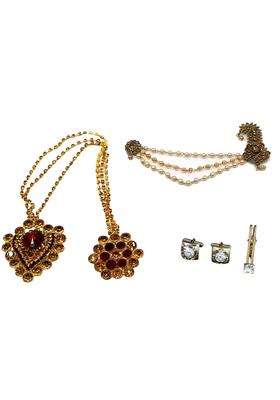 Anagha Premium Quality Golden Safa Kalgi with Pearl Chains Brooch Cuff Links and Tie Pin for Groom Ideal