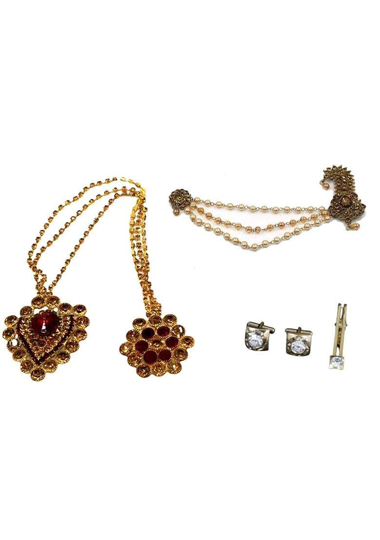 Anagha Premium Quality Golden Safa Kalgi with Pearl Chains Brooch Cuff Links and Tie Pin for Groom Ideal - Indya