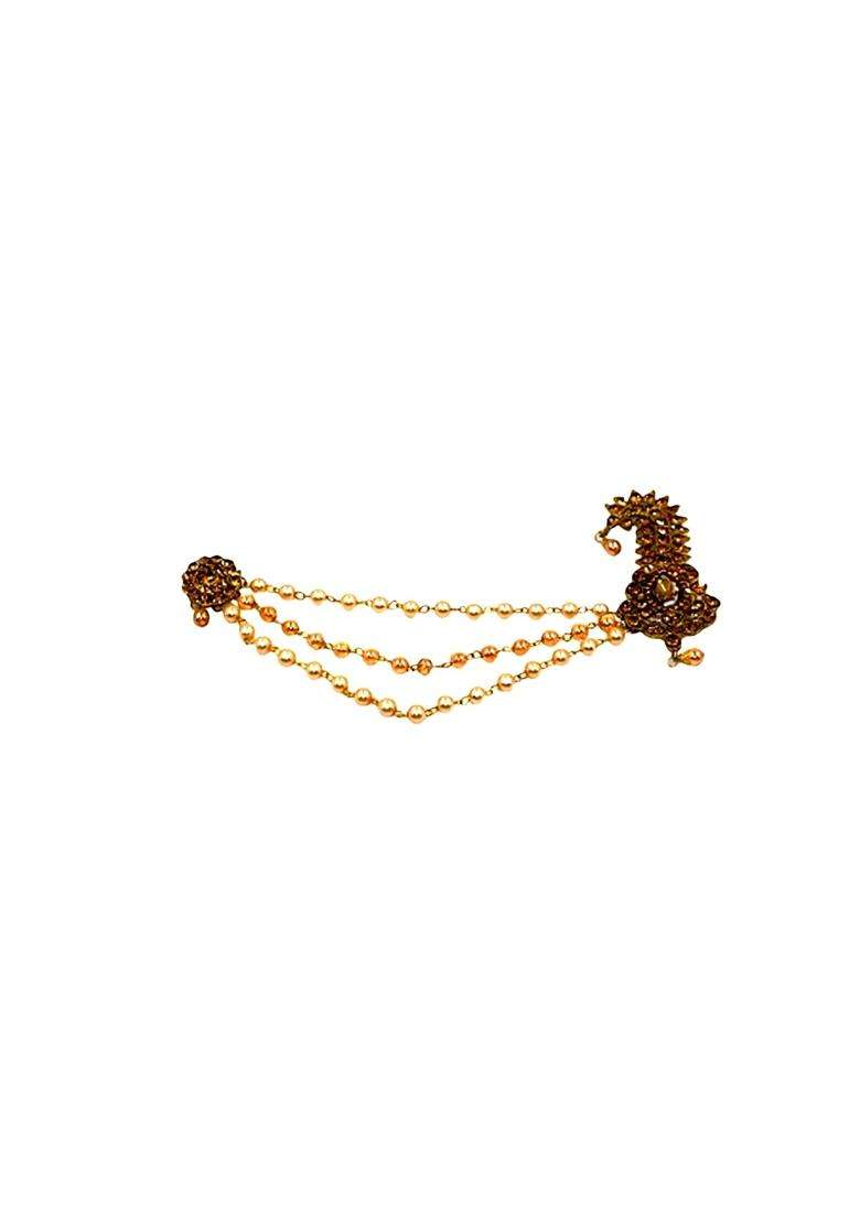 Anagha Premium Quality Golden Safa Kalgi with Pearl Chains Brooch Cuff Links and Tie Pin for Groom Ideal - Indya