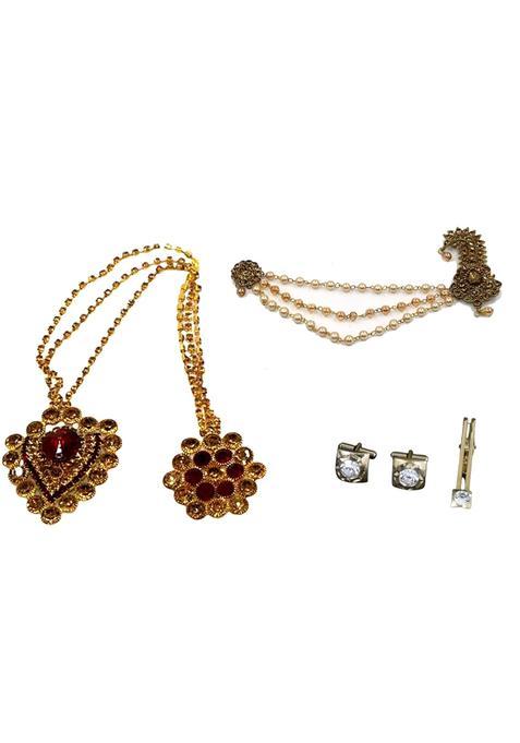 Anagha Premium Quality Golden Safa Kalgi with Pearl Chains Brooch Cuff Links and Tie Pin for Groom Ideal