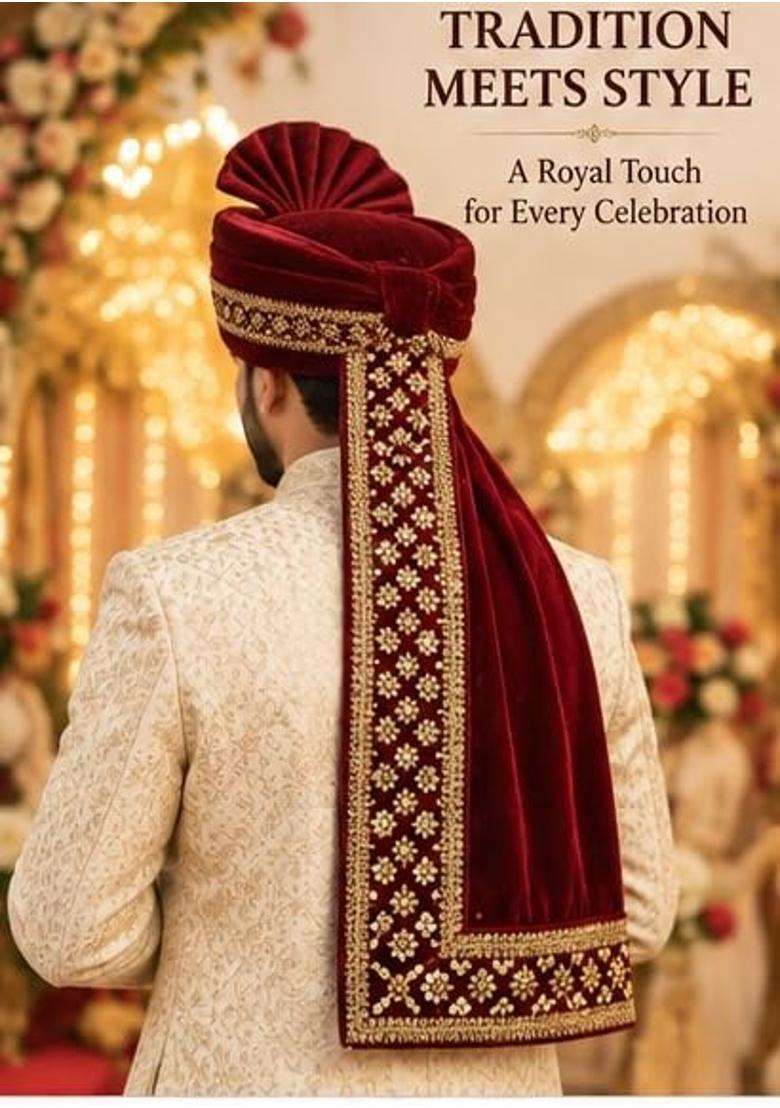 Mens Velvet Turban and Stole Kalangi Safa Traditional Wedding Turban Premium Silk Velvet - Indya