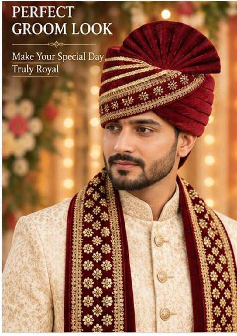 Mens Velvet Turban and Stole Kalangi Safa Traditional Wedding Turban Premium Silk Velvet - Indya