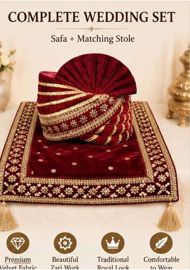 Mens Velvet Turban and Stole Kalangi Safa Traditional Wedding Turban Premium Silk Velvet - Indya