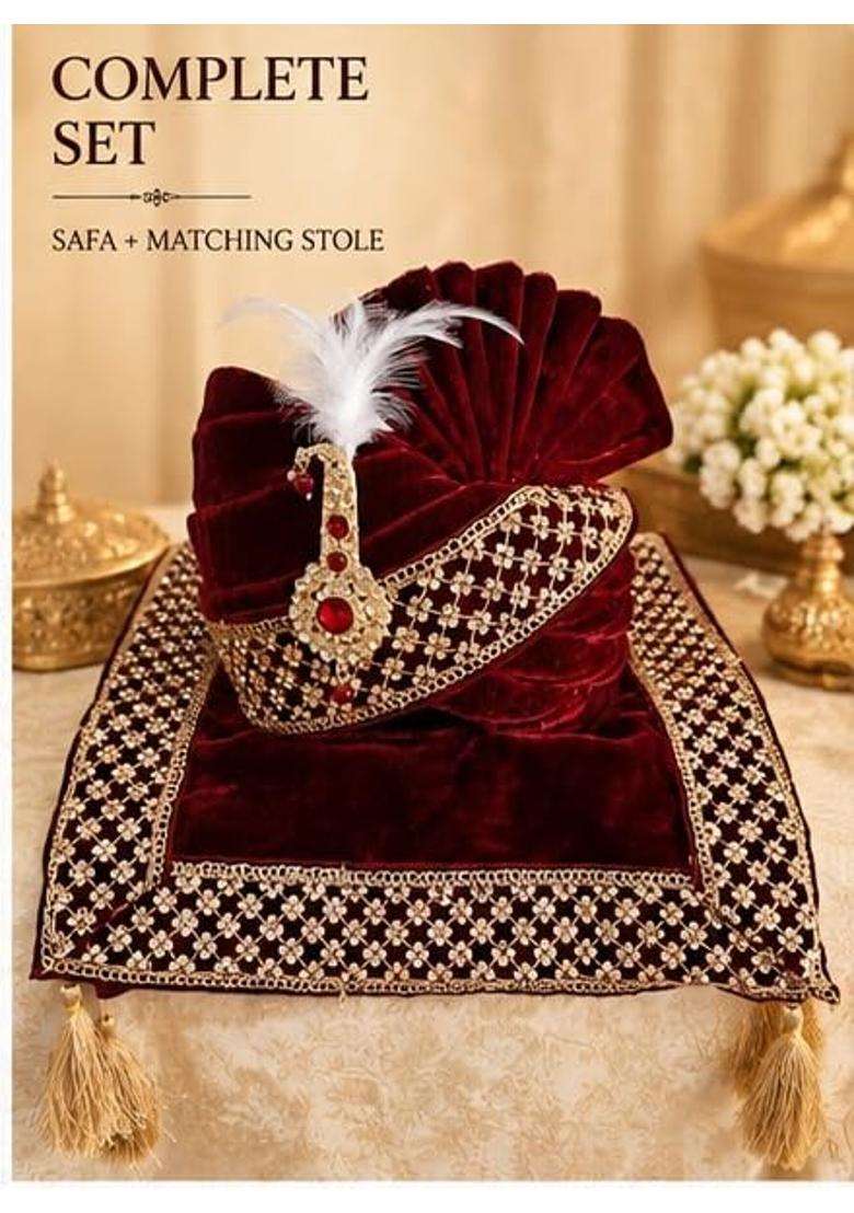Mens Velvet Turban and Stole Kalangi Safa Traditional Wedding Turban Premium Silk Velvet - Indya