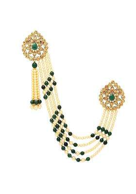 Sanjog Mens Brass Metal Impressive Multi Color Golden Kundan Stone with Hanging Pearl Party Brooch