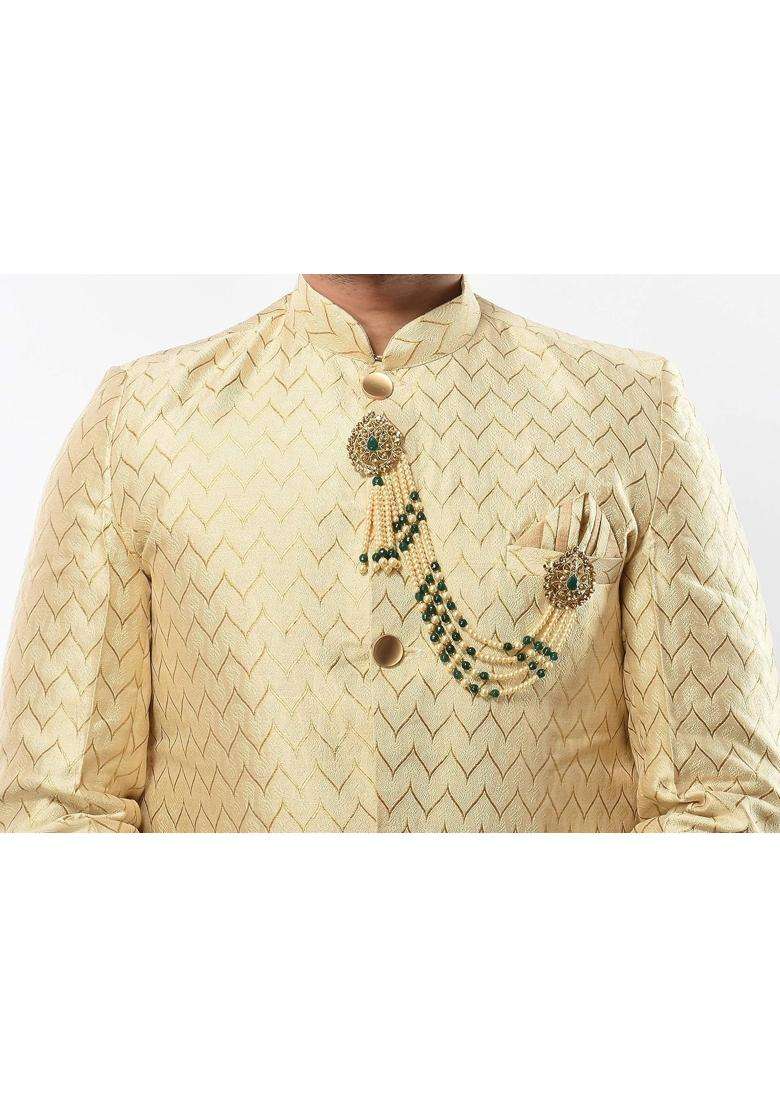 Sanjog Mens Brass Metal Impressive Multi Color Golden Kundan Stone with Hanging Pearl Party Brooch - Indya