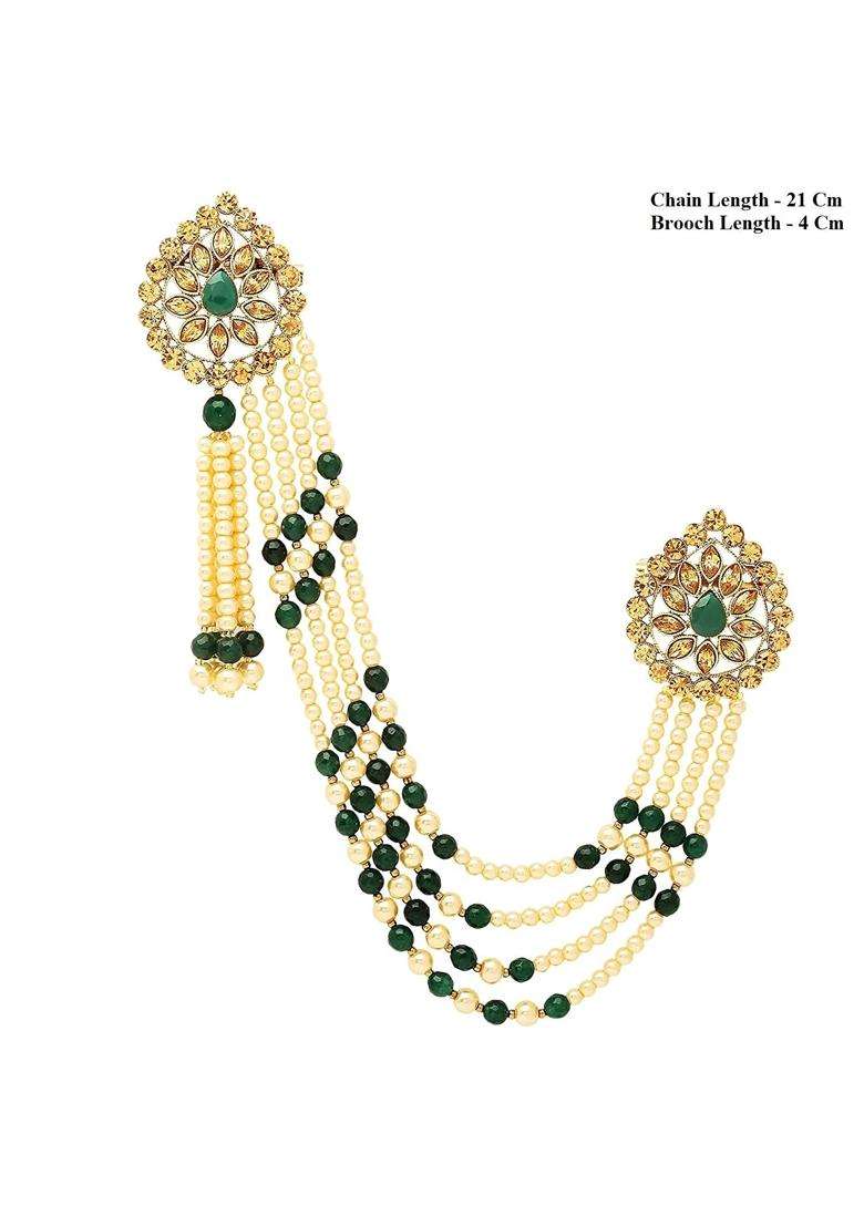 Sanjog Mens Brass Metal Impressive Multi Color Golden Kundan Stone with Hanging Pearl Party Brooch - Indya