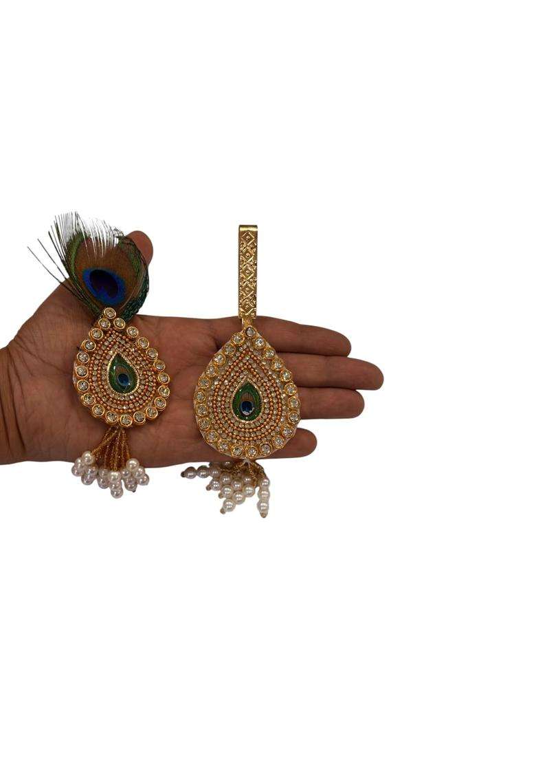 Kriwin Peacock Feather Morepankh Kundan Barati Brooch for Men with Pearl Tassels Gold Finish - Indya
