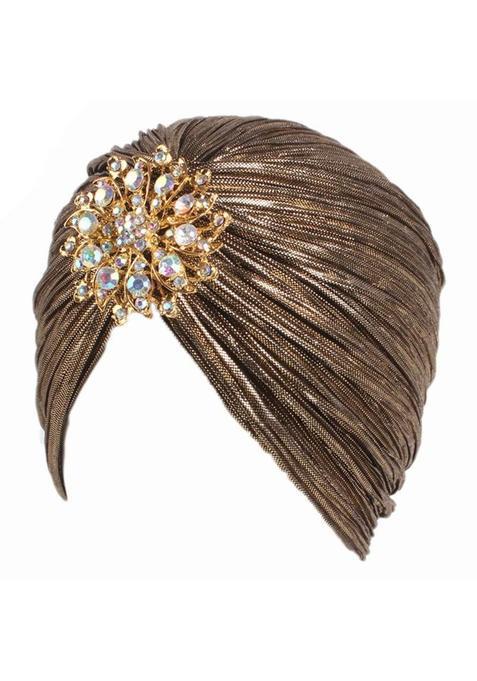Yeebom Brown Womens Ruffle Turban Hat Glitter Pleated Stretch Head Wraps Chemo Cap with Detachable Crystal