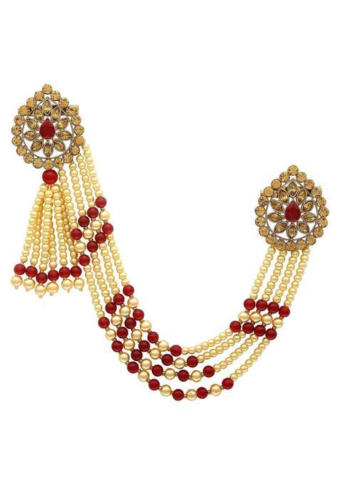 Sanjog Mens Brass Metal Impressive Multi Color Golden Kundan Stone with Hanging Pearl Party Brooch