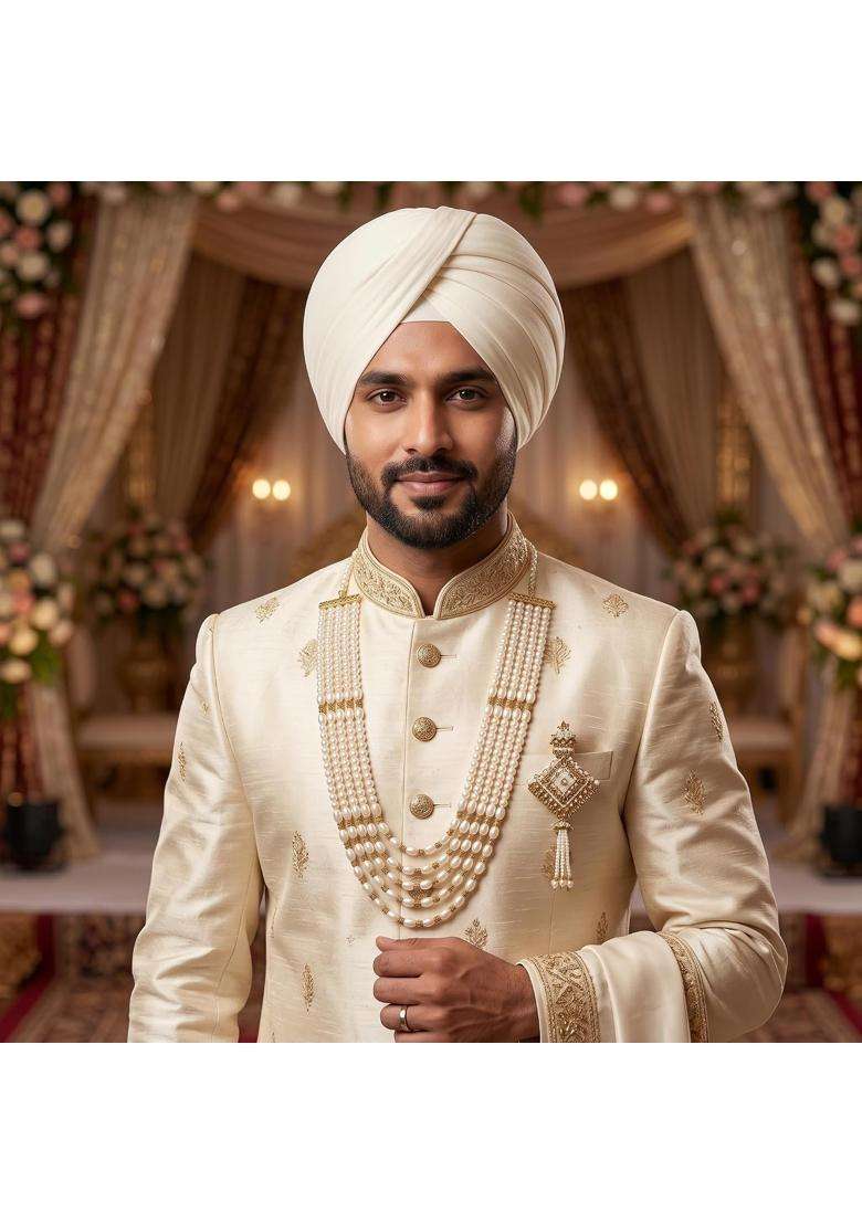 Jiyanshi Fashion White Traditional Groom Necklace and Matching Brooch for Wedding and Reception - Indya