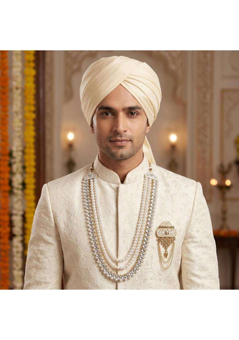 Jiyanshi Fashion Royal Multi Layered Groom Sherwani Mala with Decorative Brooch - Indya