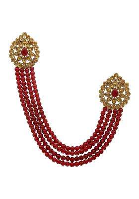 Sanjog Mens Brass Metal Pearl Stone Impressive Brooch with Golden Kundan Stone Hanging Pearl Party Brooch