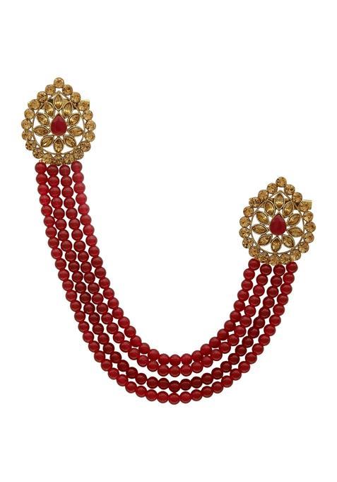 Sanjog Mens Brass Metal Pearl Stone Impressive Brooch with Golden Kundan Stone Hanging Pearl Party Brooch