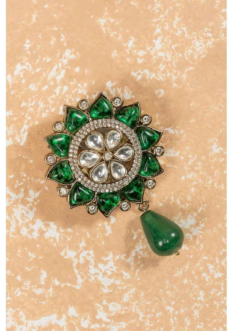 Tasva Dark Green Colored Crystal Brooch - Indya