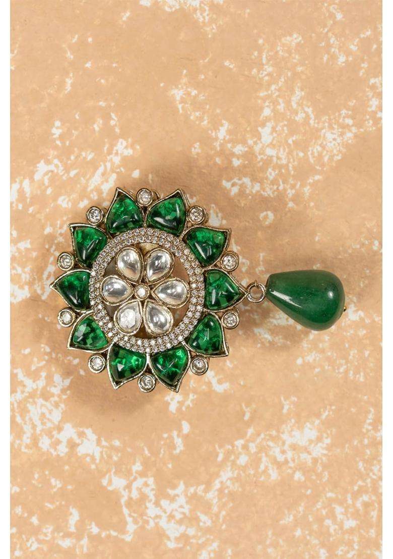 Tasva Dark Green Colored Crystal Brooch - Indya