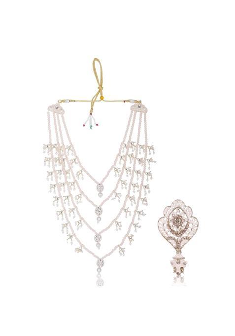 Jiyanshi Fashion Men Kundan Studded Pearl Groom Dulha Moti Mala Necklace with Antique Brooch