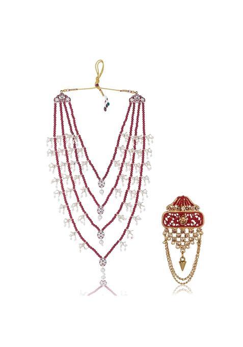 Jiyanshi Fashion Men Kundan Studded Pearl Groom Dulha Moti Mala Necklace with Designer Brooch