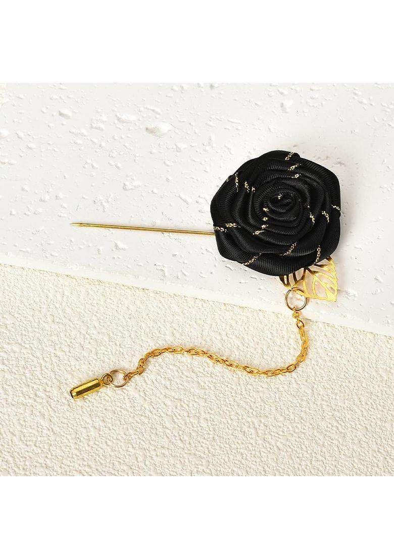 Kilener Rose Brooch Pin Cloth Rose Flower with Gold Leaf Brooch Suit Lapel Pins for Men Tassel Chain Brooch - Indya