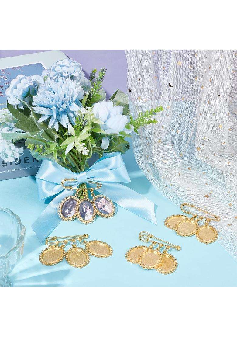 Unicraftale 4Pcs Oval Round Pin Brooch Making Kit Stainless Steel Wedding Bouquet Memorial Photo Charm Golden - Indya