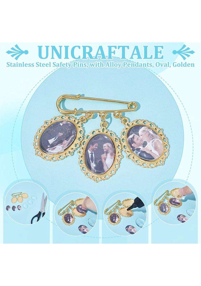 Unicraftale 4Pcs Oval Round Pin Brooch Making Kit Stainless Steel Wedding Bouquet Memorial Photo Charm Golden - Indya