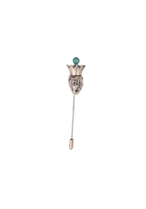 The Sparkle SHOP Lion Head Lapel Pin with Crowned Turquoise Color Stone 925 Sterling Silver Mens Coat Brooch