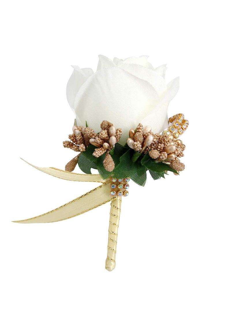 Flameer Colorful Bride Groom Bridesmaid Corsages Brooch Fabric Rose Flower Pin White and Gold 12x7x5cm - Indya