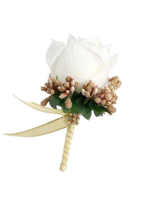 Flameer Colorful Bride Groom Bridesmaid Corsages Brooch Fabric Rose Flower Pin White and Gold 12x7x5cm