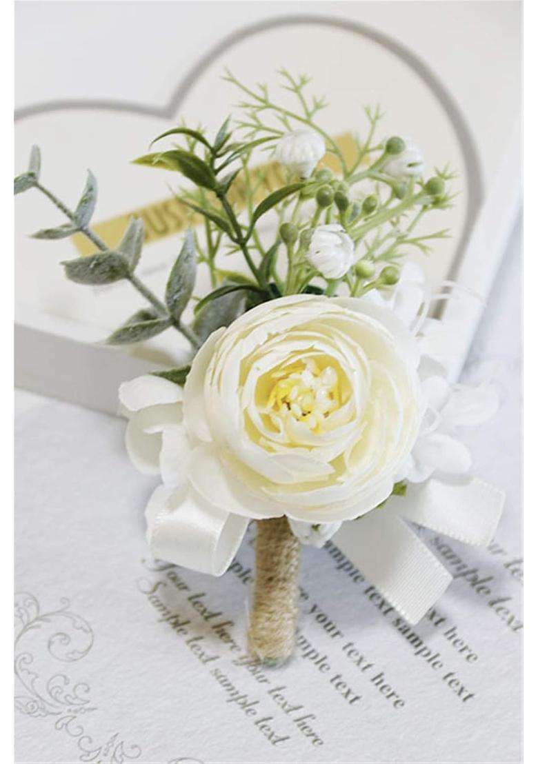 Mojun White Silk Flower Groom Boutonniere Wedding Flower Brooch for Wedding Party Prom Man Suit Decoration - Indya