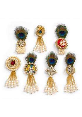 Vrindavanstore Brooch for Men Traditional Peacock Feather Pearl Tassel Brooch Pin for Sherwani Kurta Pack of 7