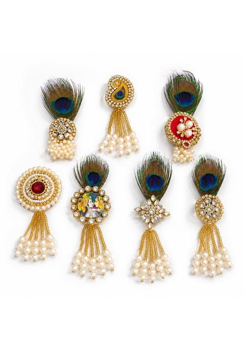 Vrindavanstore Brooch for Men Traditional Peacock Feather Pearl Tassel Brooch Pin for Sherwani Kurta Pack of 7