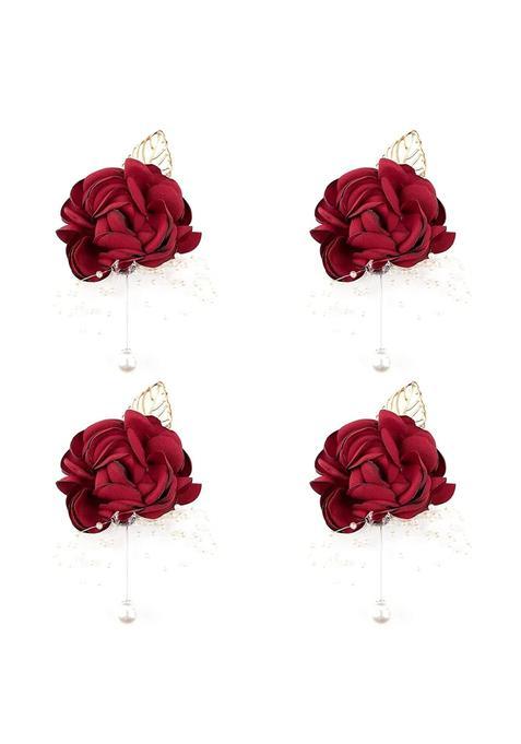 Framendino 4 Pack Rose Pearl Bridal Burgundy Wine Red Brooch Corsage Boutonniere Set Bridesmaid Hand Flowers