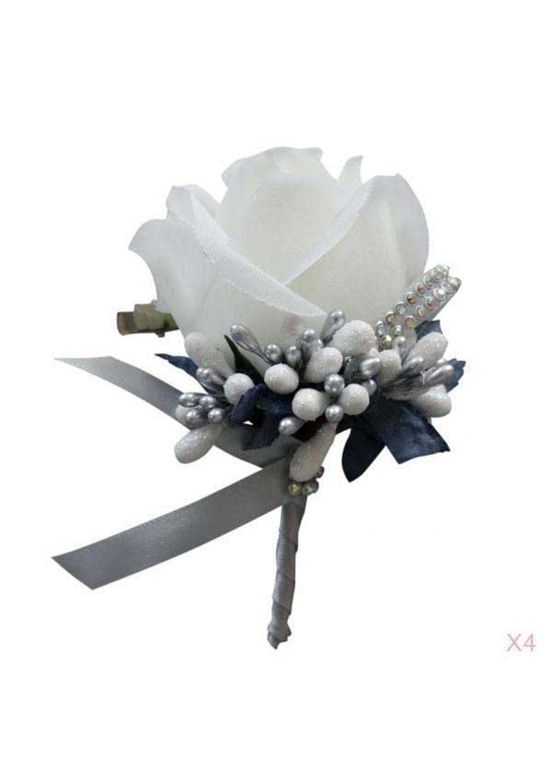 Zorlina 4X Fake Rose Flower Brooch Pin Wedding Corsage Pin White and Silver Gray - Indya