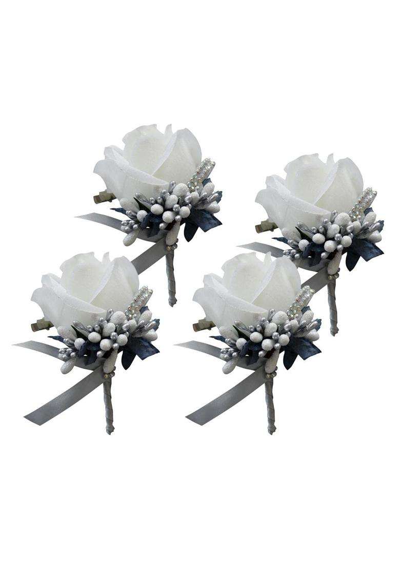 Zorlina 4X Fake Rose Flower Brooch Pin Wedding Corsage Pin White and Silver Gray - Indya