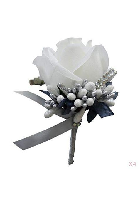Zorlina 4X Fake Rose Flower Brooch Pin Wedding Corsage Pin White and Silver Gray