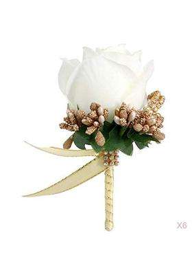 Zelphora 6Pcs Stimulation Rose Flower Brooch Pin Wedding Corsage Pin White and Gold
